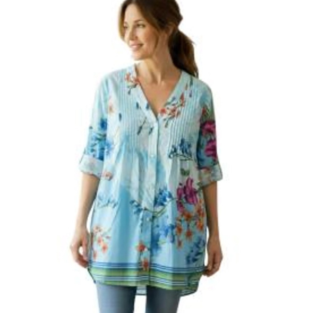 SOFT SURROUNDINGS L'ATALANTE BLUE FLORAL TUNIC TOP